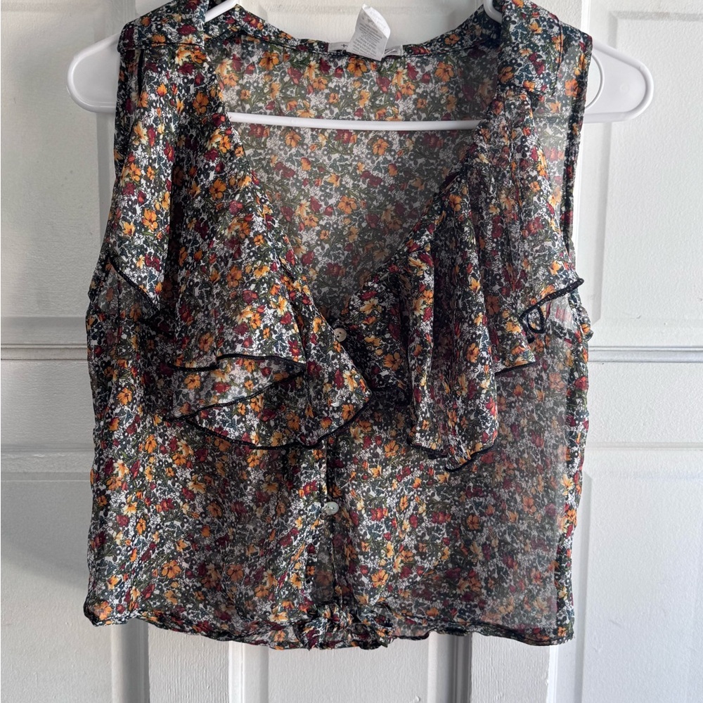 teenbell Women's Multicolor Floral Ruffle Button Sleeveless Chiffon Blouse S
